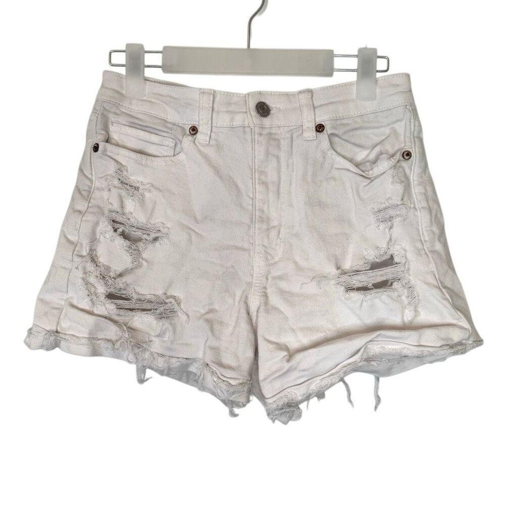 American Eagle High Rise Stretch Distressed White Mom Jean Shorts Size 2
